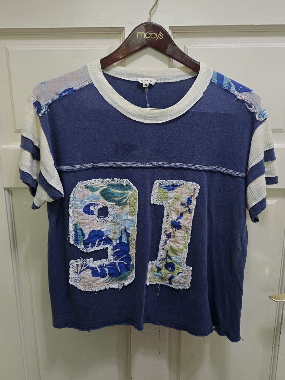 Womens Blue 91 Patchwork Football Jersey Tee